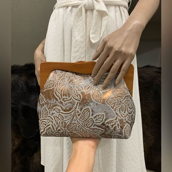 Handmade Genuine Cowhide Floral Embossed, Wooden Frame Bag & 2 Strap Styles - Picture 14 of 16